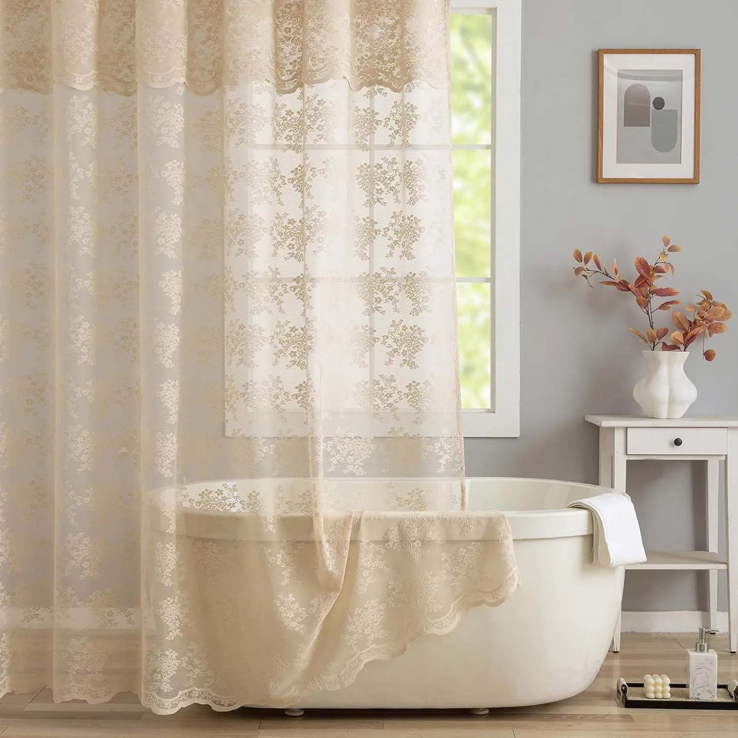 Lace Beige Shower Curtain with Valance- Farmhouse Boho Sheer Floral Neutral Shower Curtain for Bathroom, Antique Scalloped Edges Tan Decorative Grandma Core Decor, 1 Panel, 72 x 72 Inch