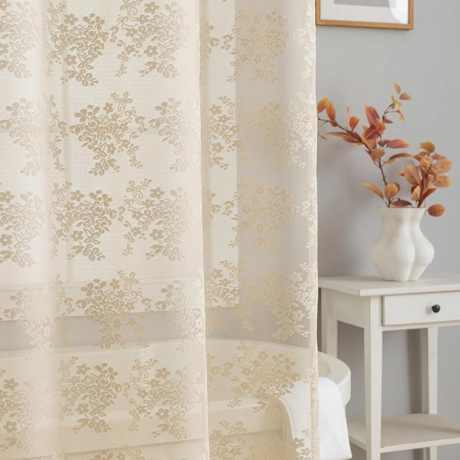 Lace Beige Shower Curtain with Valance- Farmhouse Boho Sheer Floral Neutral Shower Curtain for Bathroom, Antique Scalloped Edges Tan Decorative Grandma Core Decor, 1 Panel, 72 x 72 Inch