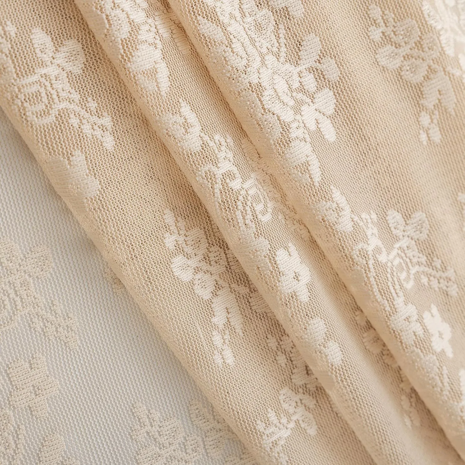 Lace Beige Shower Curtain with Valance- Farmhouse Boho Sheer Floral Neutral Shower Curtain for Bathroom, Antique Scalloped Edges Tan Decorative Grandma Core Decor, 1 Panel, 72 x 72 Inch