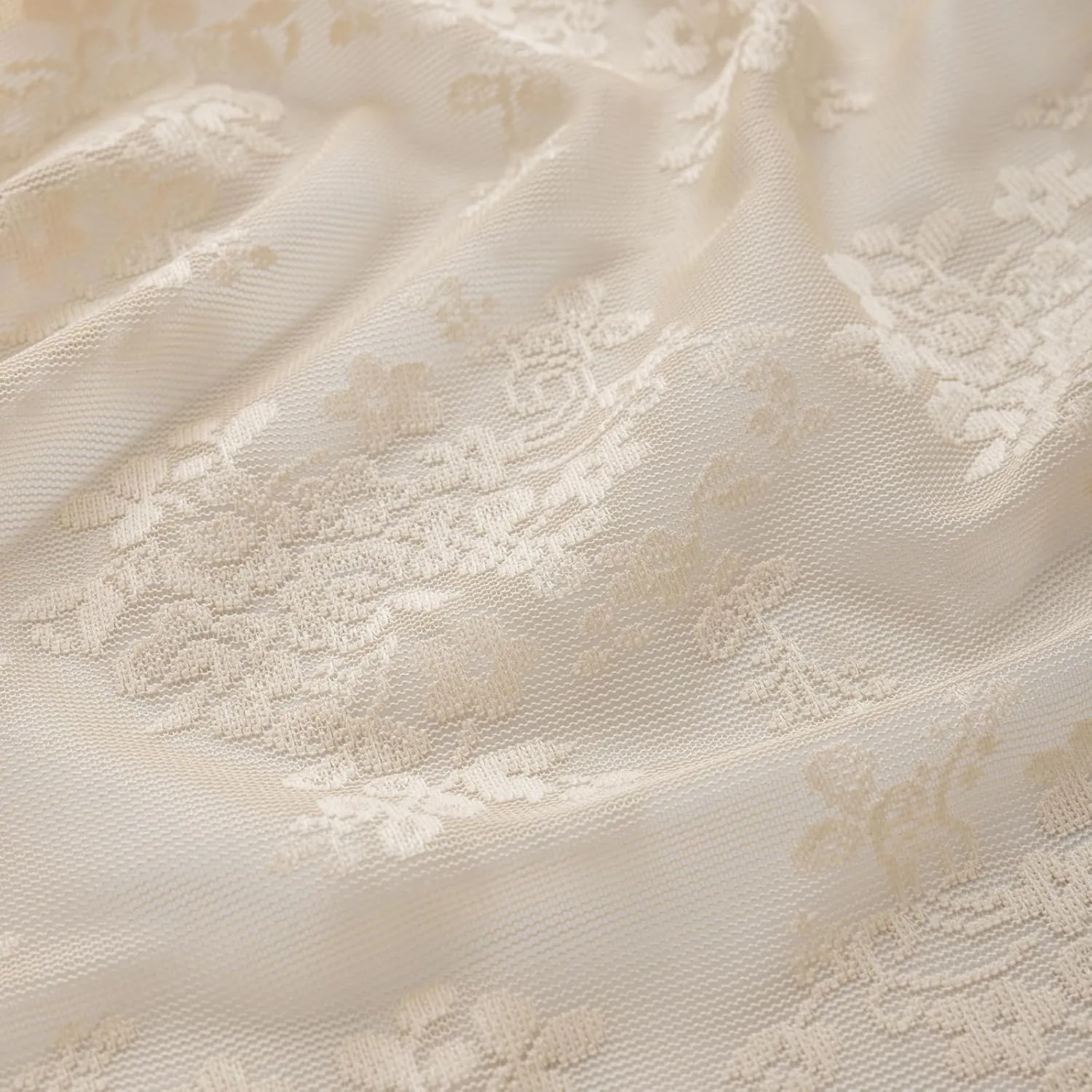Lace Beige Shower Curtain with Valance- Farmhouse Boho Sheer Floral Neutral Shower Curtain for Bathroom, Antique Scalloped Edges Tan Decorative Grandma Core Decor, 1 Panel, 72 x 72 Inch