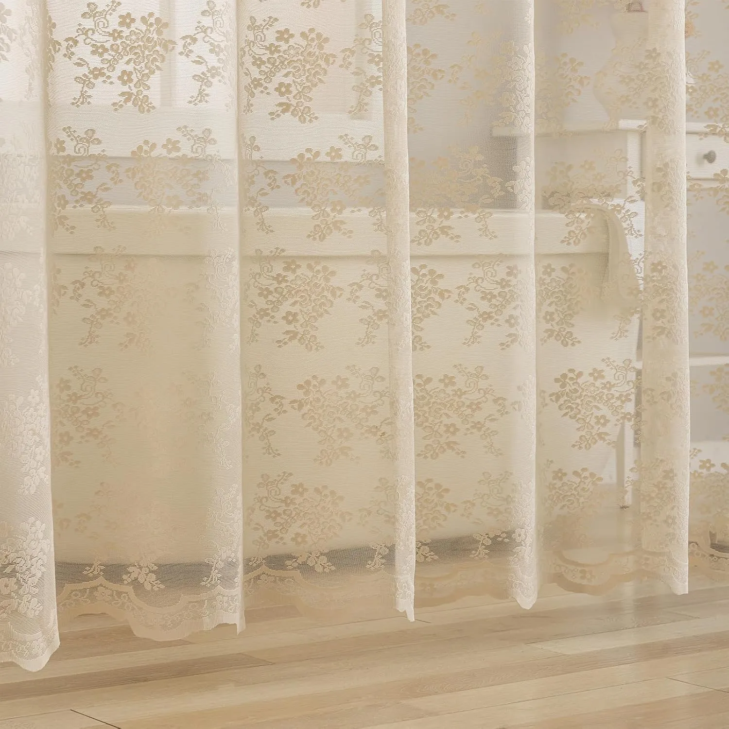 Lace Beige Shower Curtain with Valance- Farmhouse Boho Sheer Floral Neutral Shower Curtain for Bathroom, Antique Scalloped Edges Tan Decorative Grandma Core Decor, 1 Panel, 72 x 72 Inch