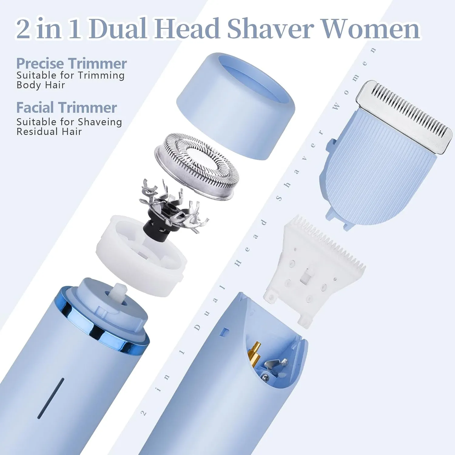 Ladies Electric Razor, 2 in 1 Dual Head Shaver Women, Bikini Trimmer for Women Personal Body Face Leg Arm Hair USB Charge Waterproof Wet and Dry (Blue)