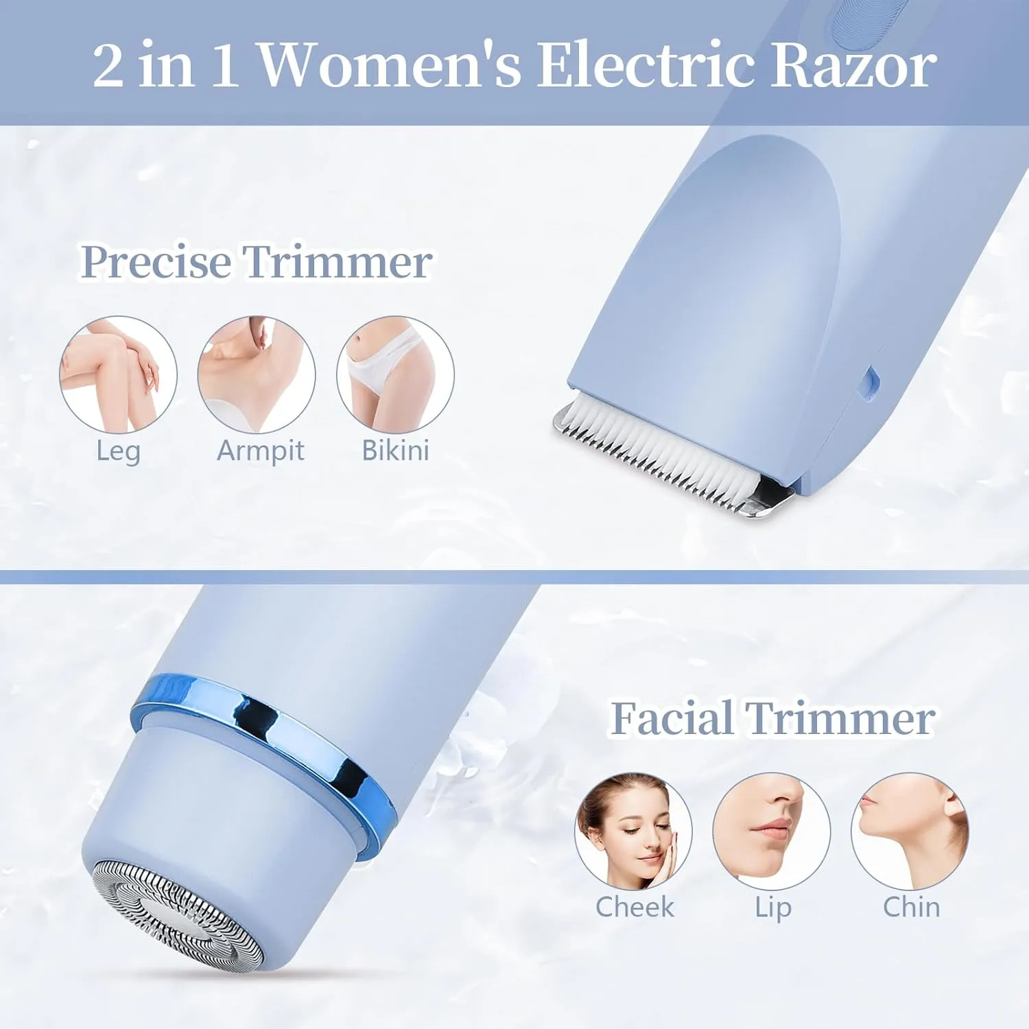Ladies Electric Razor, 2 in 1 Dual Head Shaver Women, Bikini Trimmer for Women Personal Body Face Leg Arm Hair USB Charge Waterproof Wet and Dry (Blue)