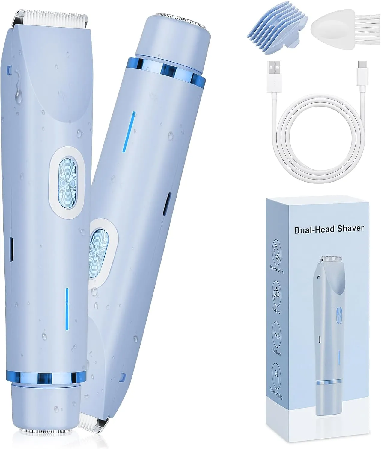 Ladies Electric Razor, 2 in 1 Dual Head Shaver Women, Bikini Trimmer for Women Personal Body Face Leg Arm Hair USB Charge Waterproof Wet and Dry (Blue)