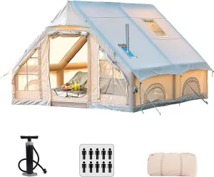 Large Inflatable Tents for Camping, 8-10 Person Glamping Tent House with Mesh Windows, Skylight & Stove Jack, Blow Up Tents with Hand Pump, 4 Season Waterproof Family Instant Cabin Hot Tent