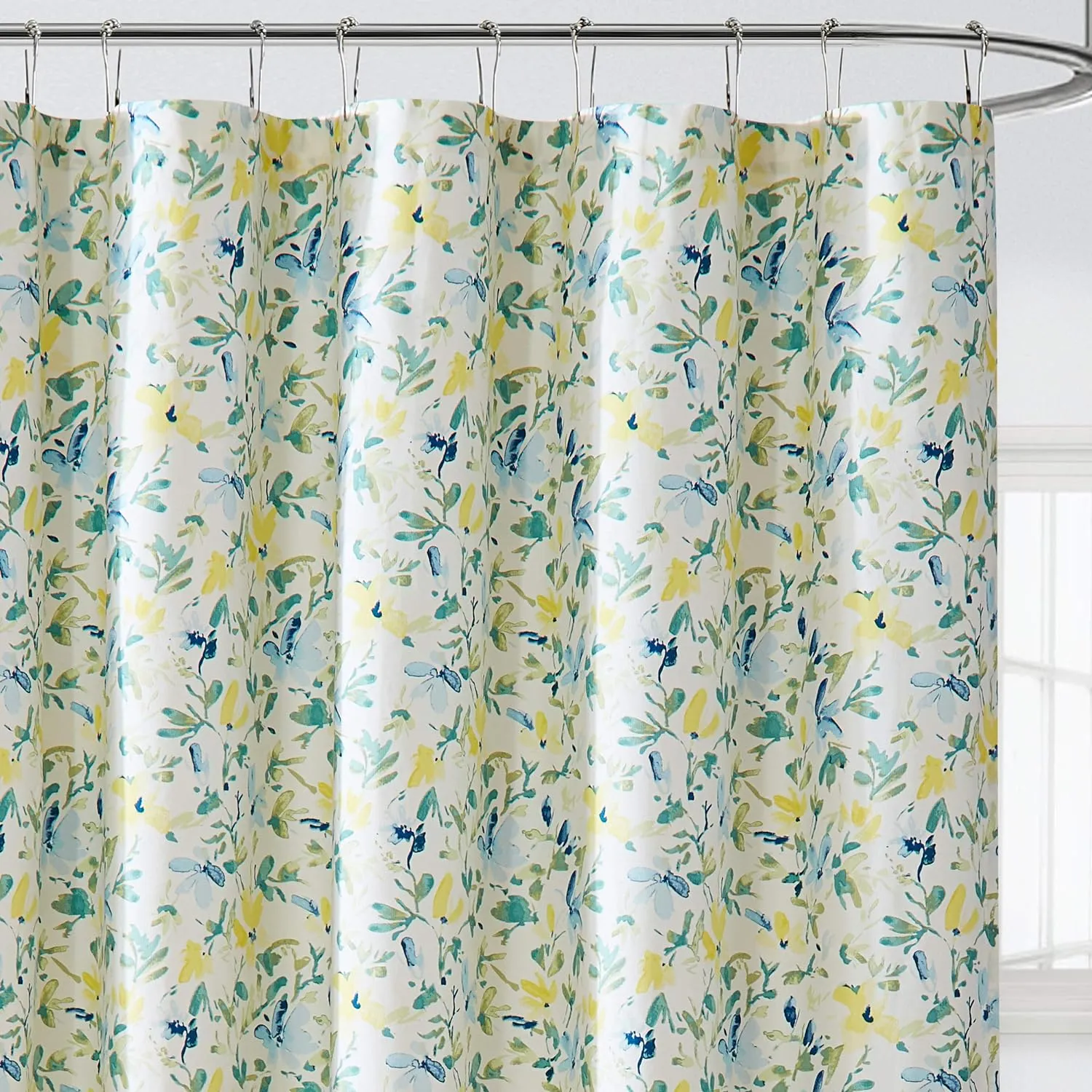 Laura Ashley - Shower Curtain, Lightweight Cotton Curtain, Floral Print, Dorm Essentials (Nora Blue, 72" x 72")