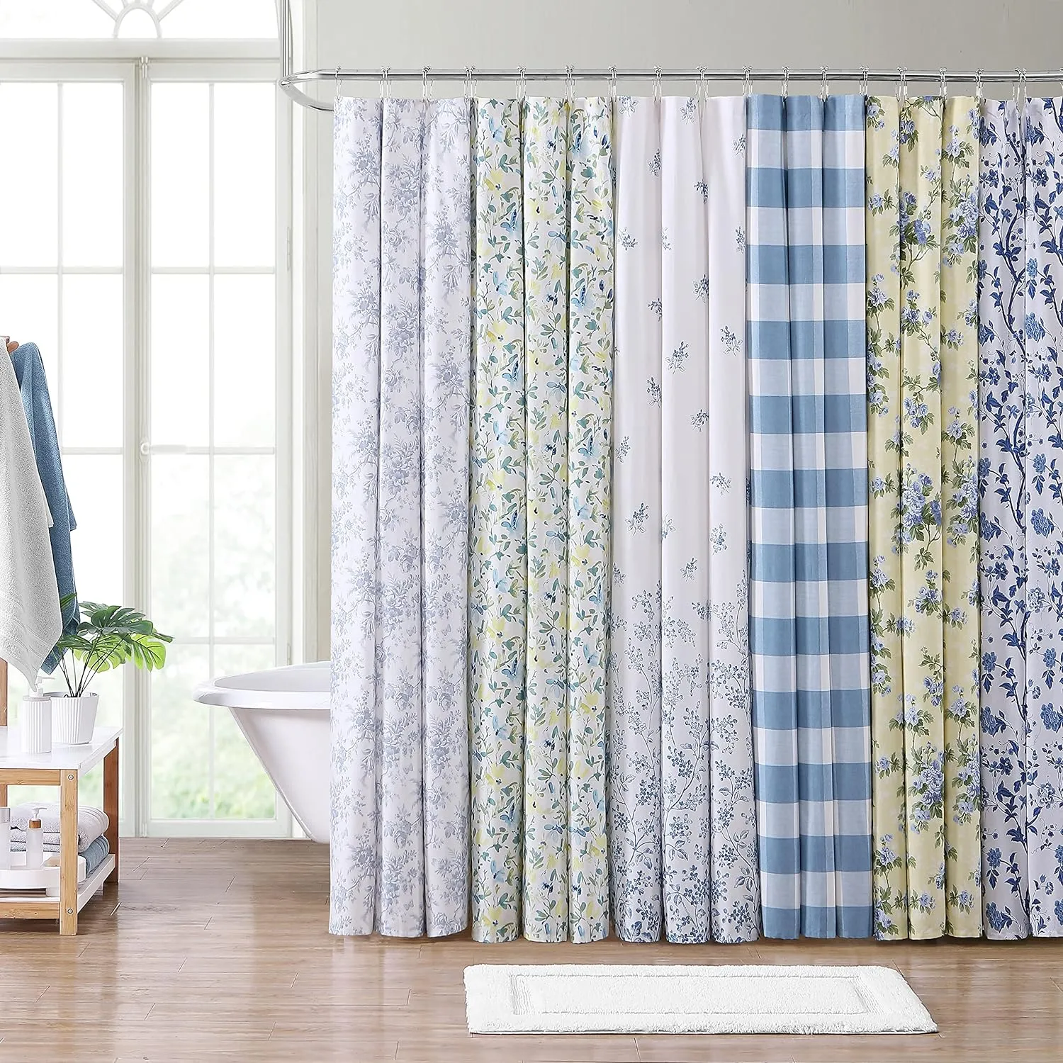 Laura Ashley - Shower Curtain, Lightweight Cotton Curtain, Floral Print, Dorm Essentials (Nora Blue, 72" x 72")