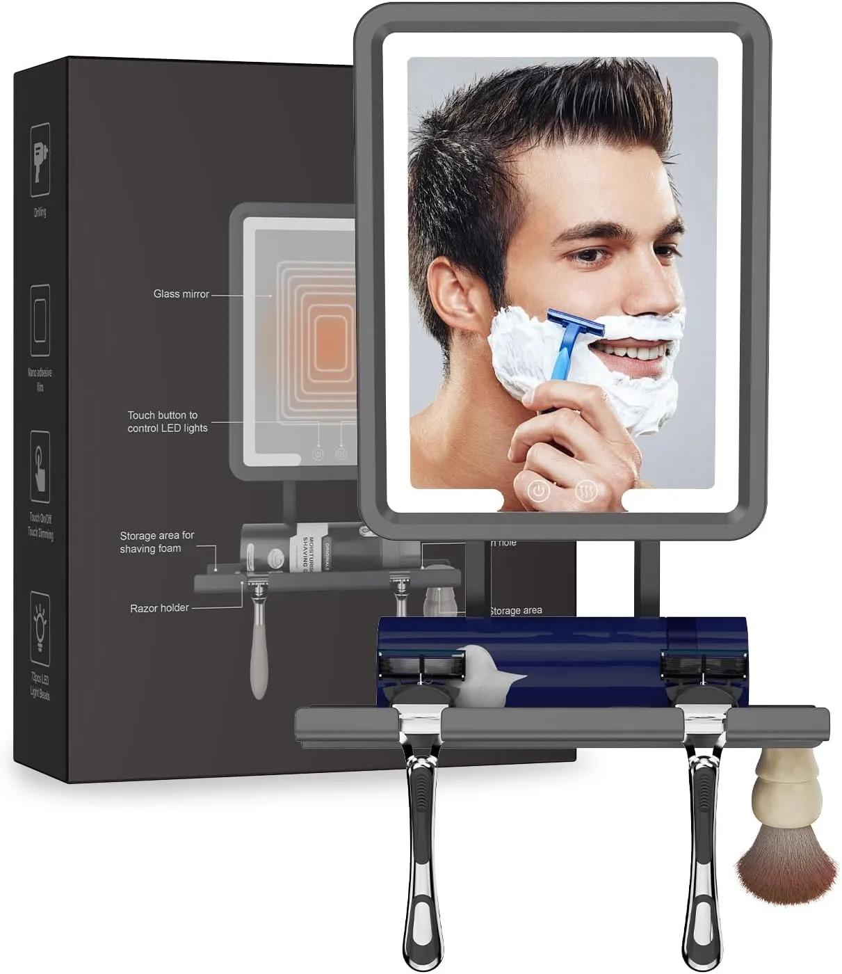 LED Fogless Shower Mirror for Shaving - Heated Fog Free, 3 Dimmable Lights, 360° Adjustable, Rechargeable - with Storage Tray, Razor & Shaving Brush Holders