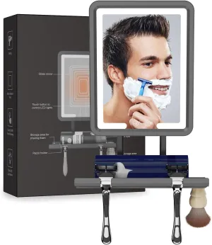 LED Fogless Shower Mirror for Shaving - Heated Fog Free, 3 Dimmable Lights, 360° Adjustable, Rechargeable - with Storage Tray, Razor & Shaving Brush Holders