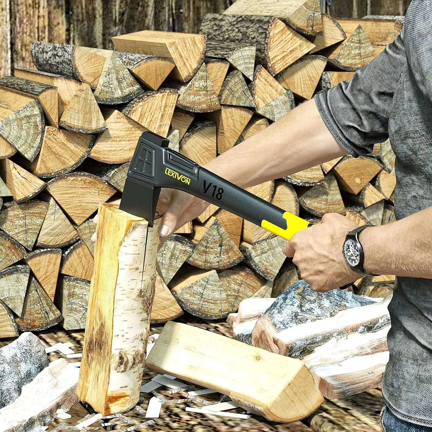 LEXIVON V18 Chopping Axe, 18-Inch Lightweight Fiber-Glass Composite Handle & Ergonomic TPR Grip | Protective Carrying Sheath Included (LX-V18)