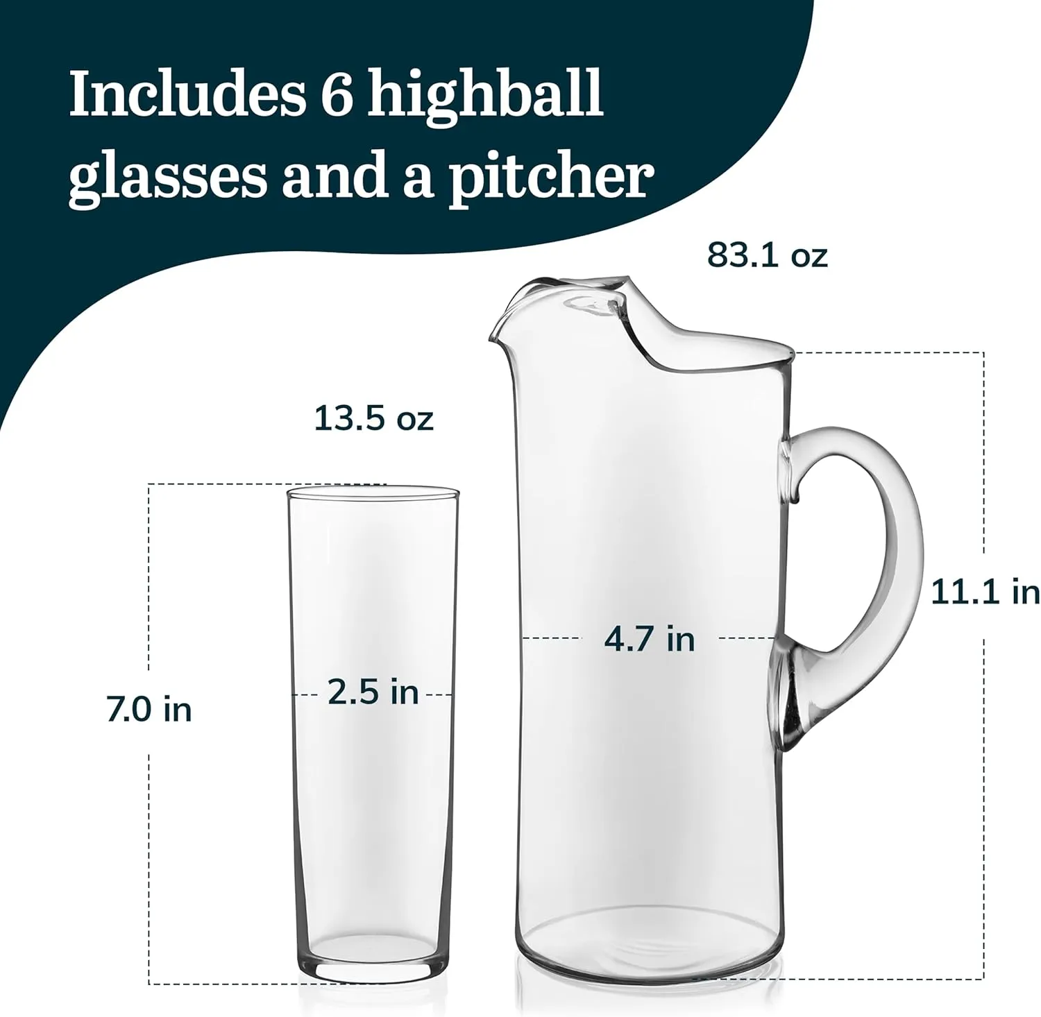 Libbey Modern Bar Highball Glasses Set of 6 and Pitcher, Tall, Bold Cocktail Glass, Pitcher Set, Glassware Sets for Boozy Brunch, Breakfast and More