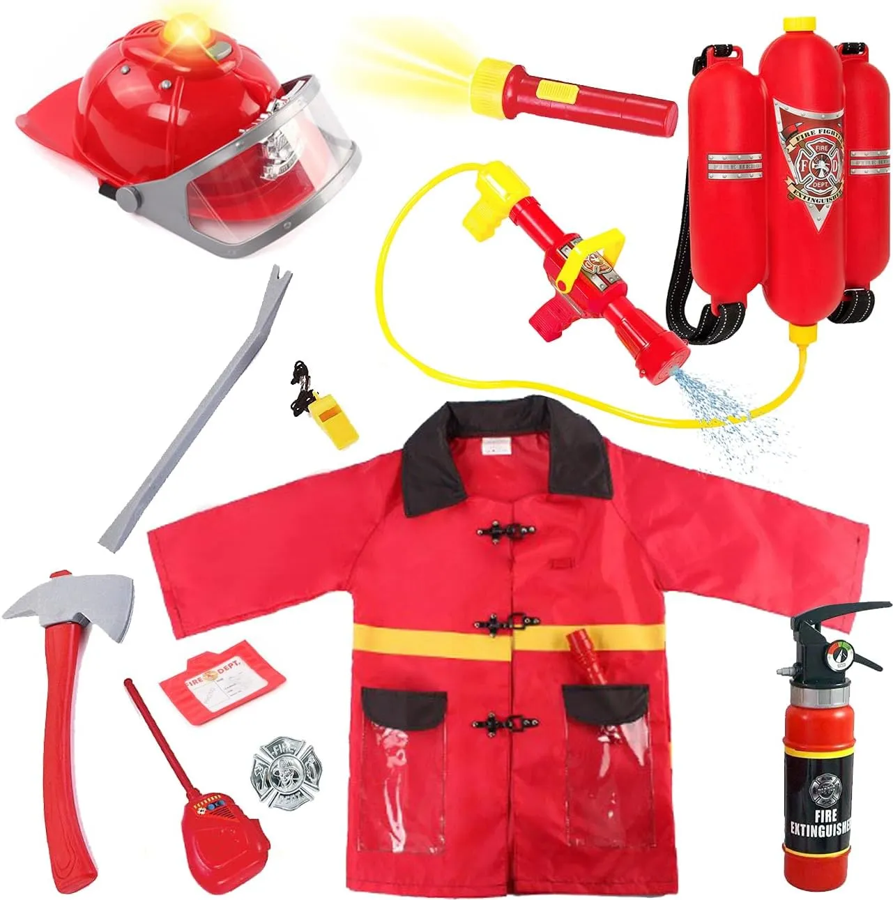 Liberty Imports 12 Piece Kids Fireman Costume Gear Firefighter Chief Dress Up Clothes for Role Play Toy Set with Backpack Water Gun, Fire Extinguisher and Accessories