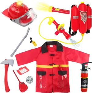 Liberty Imports 12 Piece Kids Fireman Costume Gear Firefighter Chief Dress Up Clothes for Role Play Toy Set with Backpack Water Gun, Fire Extinguisher and Accessories