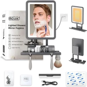 Lighted Anti-Fog Shower Mirror for Shaving - 3 Color Modes Dimming Fogless with Light, 360°Rotation, Rechargeable Shower Mirror with Storage Tray & Razor Holders & Shaving Brush Holders (Grey)