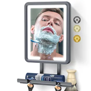 Lighted Shower Mirror Fogless for Shaving, Heated Fogless Shower Mirror with 3 Colors Stepless Dimmable Lights, Rechargeable Adjustable Shaving Mirror with Razor Stand, Brush Holder for Men