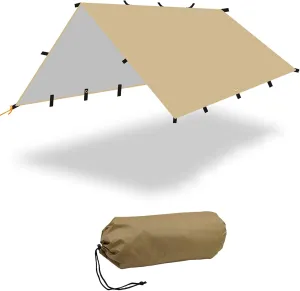 Lightweight Camping Tarp Waterproof, 10x12 ft Portable Hammock Tarp Tent, Premium Rain Fly, Sunscreen Awning Canopy with Silver Coating, Bushcraft Survival Shelter for Hiking & Backpacking