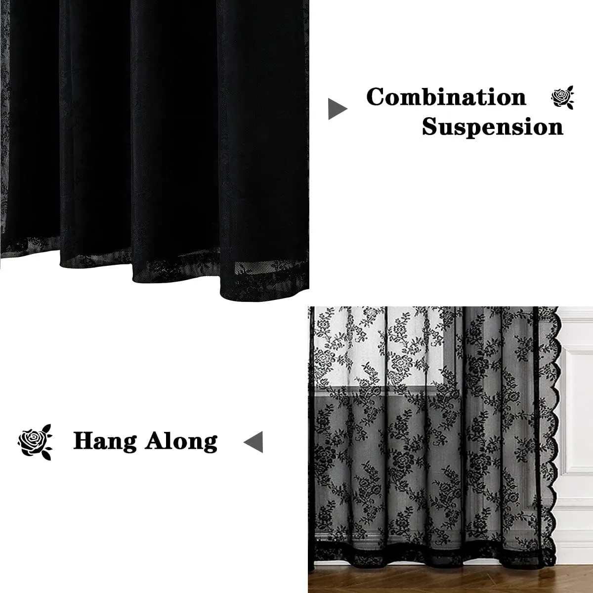 Lotusolution Black Curtains for Living Room 95" Long Double Layer Blackout and Lace Sheer Drapes Energy Efficiency Set of 4 Pieces Curtains for Bedroom and Living Room, 52" Width