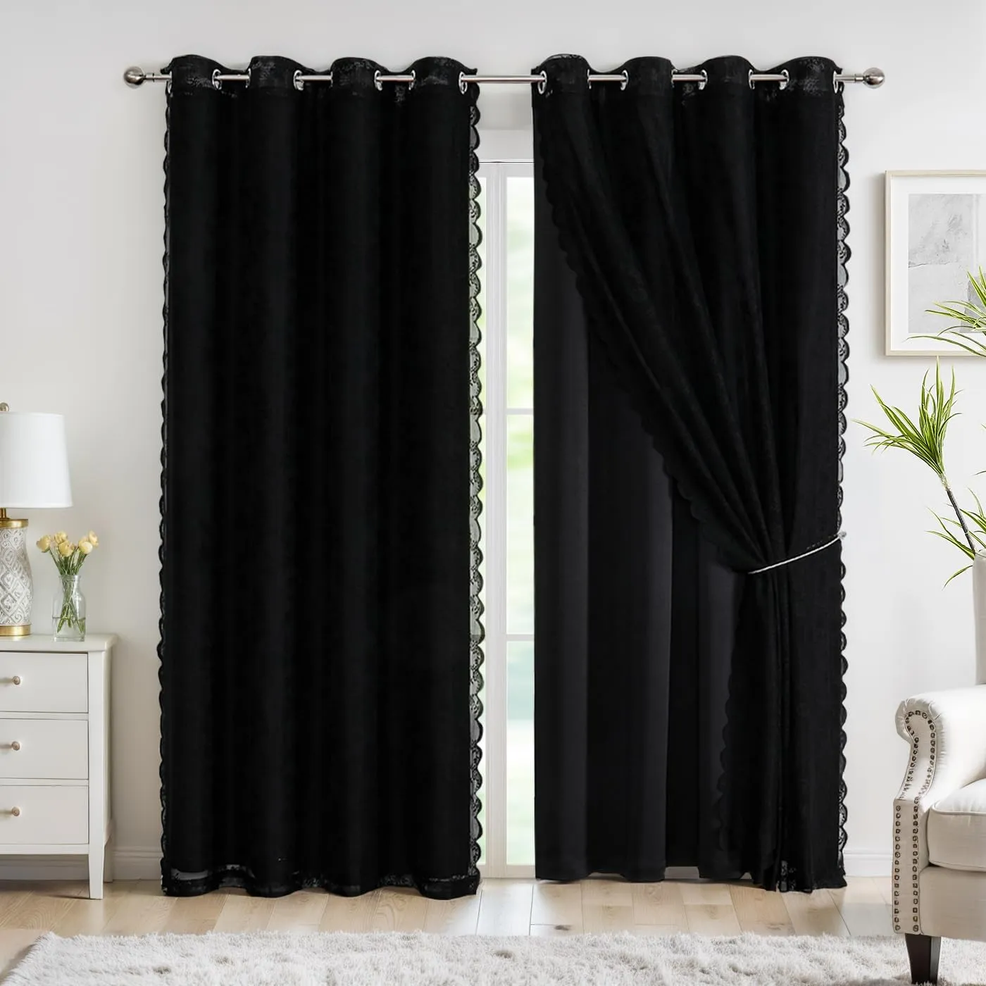 Lotusolution Black Curtains for Living Room 95" Long Double Layer Blackout and Lace Sheer Drapes Energy Efficiency Set of 4 Pieces Curtains for Bedroom and Living Room, 52" Width