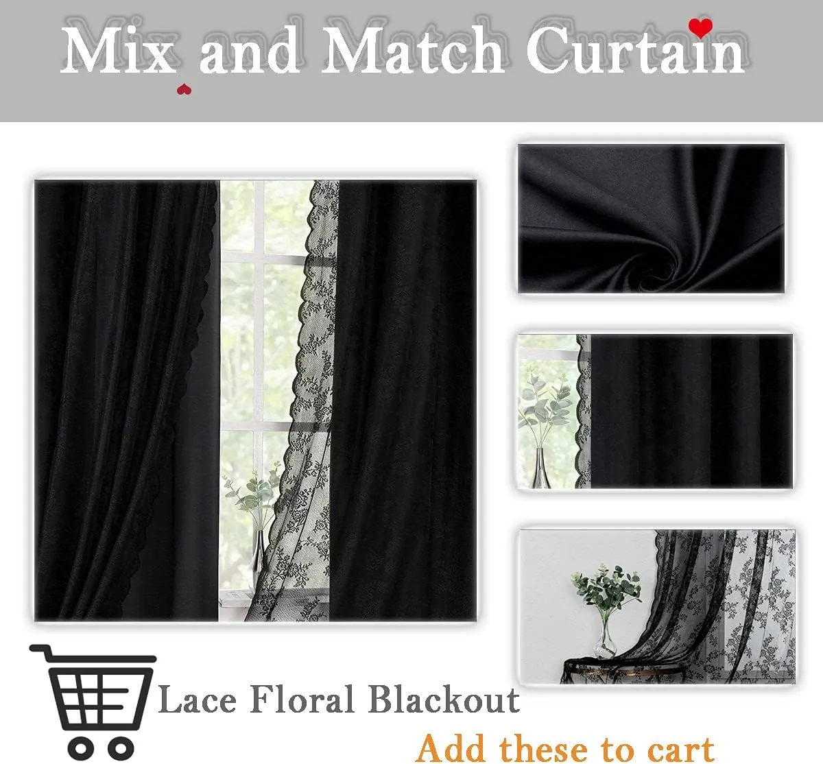 Lotusolution Black Curtains for Living Room 95" Long Double Layer Blackout and Lace Sheer Drapes Energy Efficiency Set of 4 Pieces Curtains for Bedroom and Living Room, 52" Width