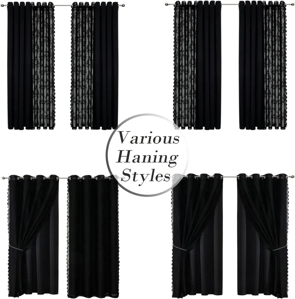 Lotusolution Black Curtains for Living Room 95" Long Double Layer Blackout and Lace Sheer Drapes Energy Efficiency Set of 4 Pieces Curtains for Bedroom and Living Room, 52" Width