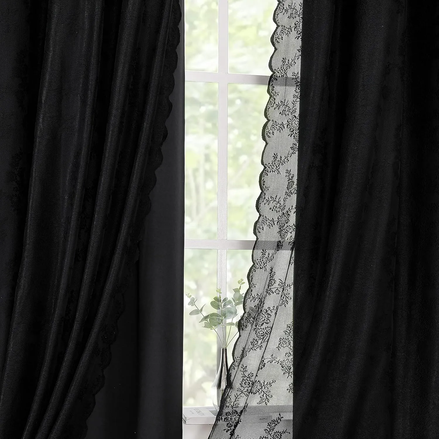 Lotusolution Black Curtains for Living Room 95" Long Double Layer Blackout and Lace Sheer Drapes Energy Efficiency Set of 4 Pieces Curtains for Bedroom and Living Room, 52" Width