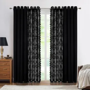 Lotusolution Black Curtains for Living Room 95" Long Double Layer Blackout and Lace Sheer Drapes Energy Efficiency Set of 4 Pieces Curtains for Bedroom and Living Room, 52" Width