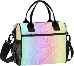 Lunch Bag with Shoulder Strap for Women Men Holographic Rainbow Flowing Carved Insulated Lunch Box Travel Tote Bags Meal Prep Organizer for School Office Picnic M