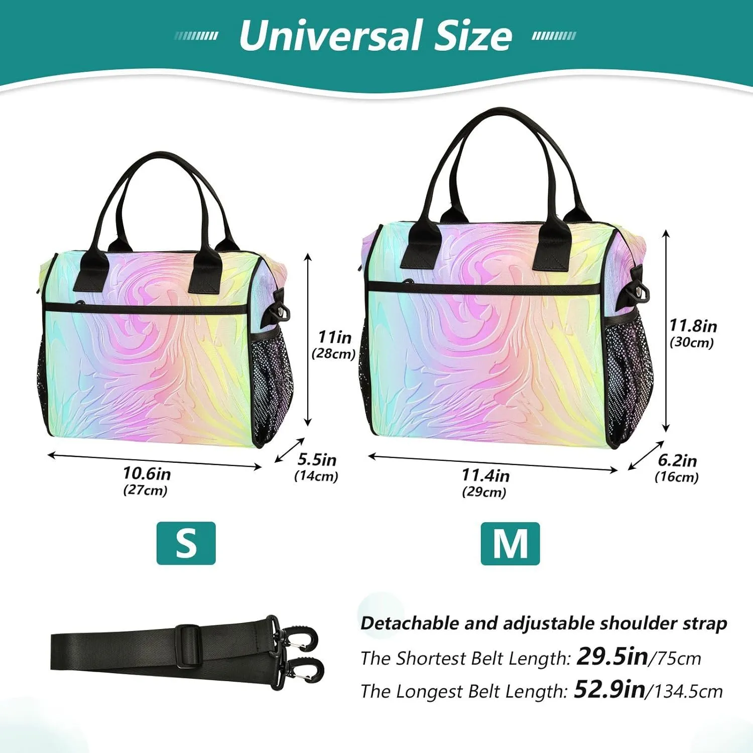 Lunch Bag with Shoulder Strap for Women Men Holographic Rainbow Flowing Carved Insulated Lunch Box Travel Tote Bags Meal Prep Organizer for School Office Picnic M