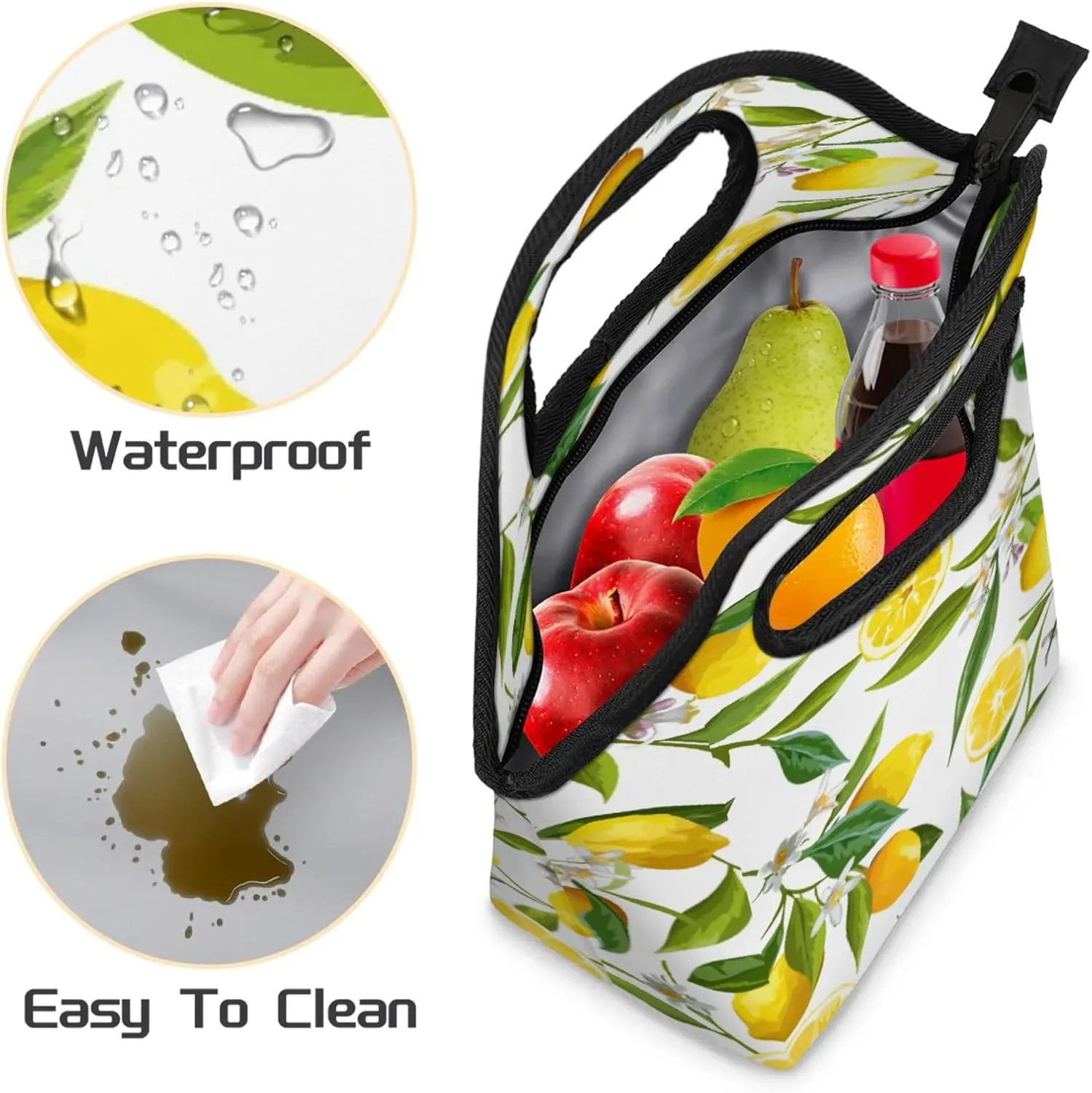 Lunch Tote Bag Washable Reusable Insulated Lunch Box for Women Men Soft Lightweight Leakproof Lunch Tote Handbag for Work Offices Picnic Travel Beach Lemon Flower Pattern
