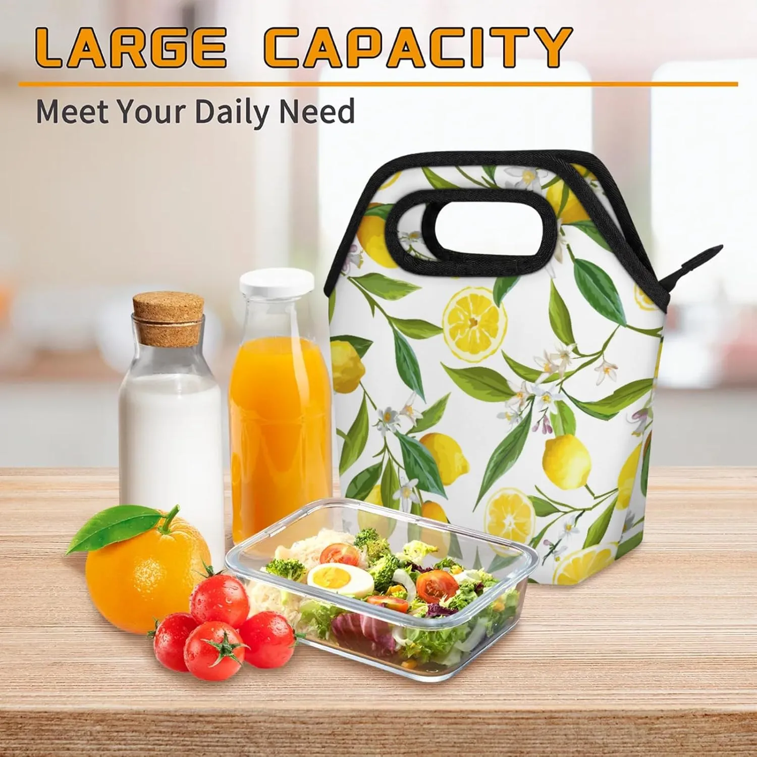 Lunch Tote Bag Washable Reusable Insulated Lunch Box for Women Men Soft Lightweight Leakproof Lunch Tote Handbag for Work Offices Picnic Travel Beach Lemon Flower Pattern