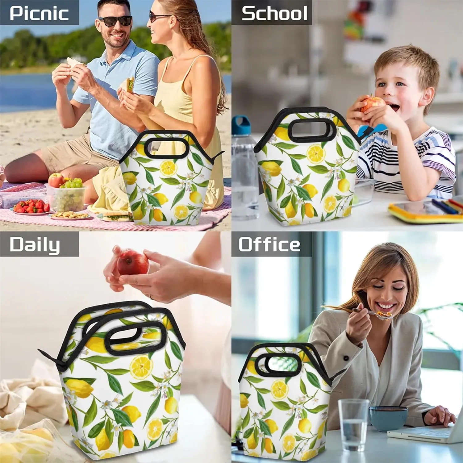 Lunch Tote Bag Washable Reusable Insulated Lunch Box for Women Men Soft Lightweight Leakproof Lunch Tote Handbag for Work Offices Picnic Travel Beach Lemon Flower Pattern
