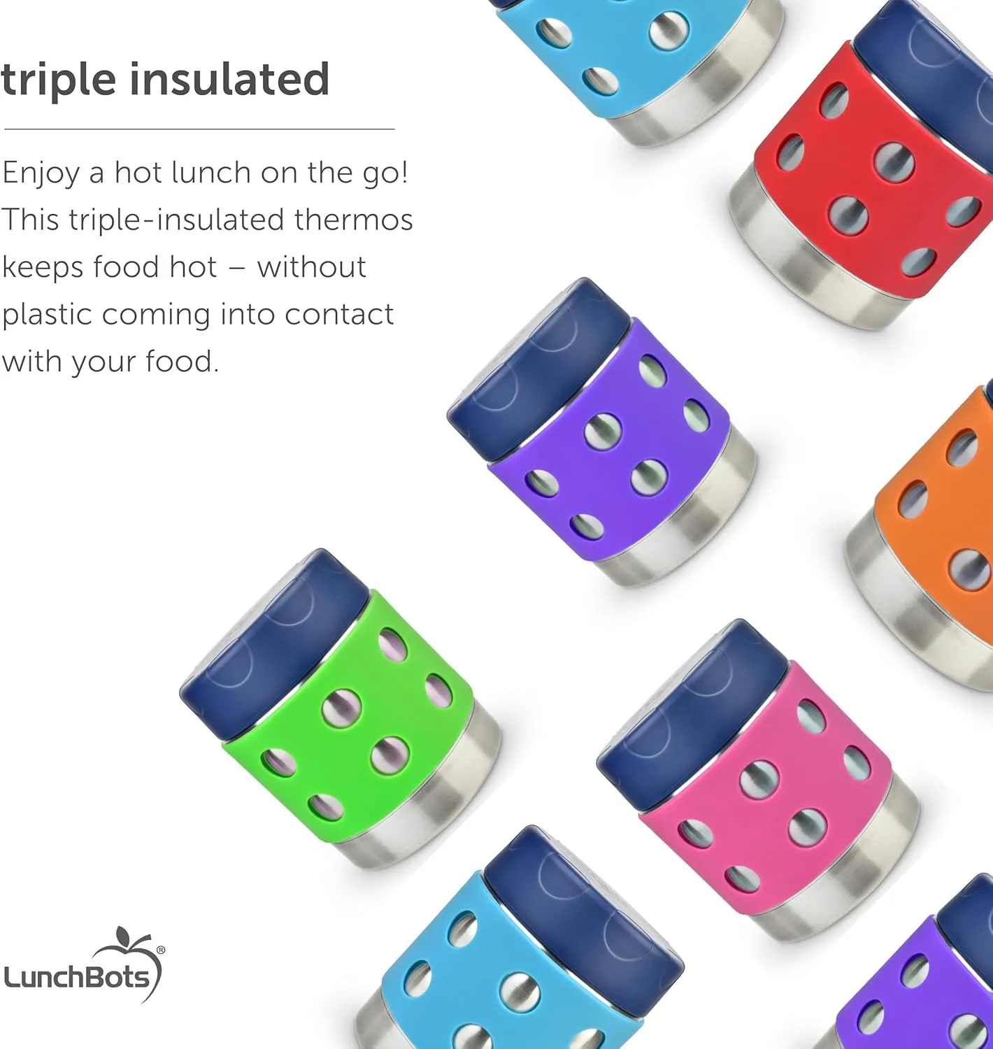 LunchBots Thermal 8 oz Triple Insulated Thermos - Hot 6 Hours or Cold 12 Hours - Leak Proof Thermos Soup Jar - All Stainless Interior - Navy Lid - Aqua Dots