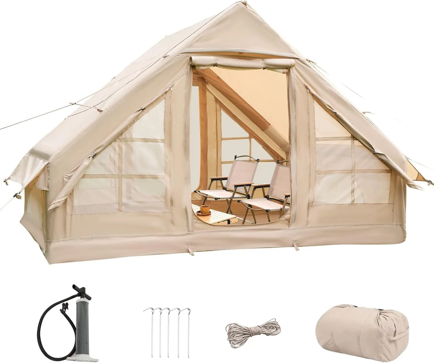 LVUYOYO Inflatable Camping Tent, 4 Season Glamping Tent with Mesh Windows, Waterproof Oxford Family Cabin Tents, Easy Setup Blow Up Tent for Person