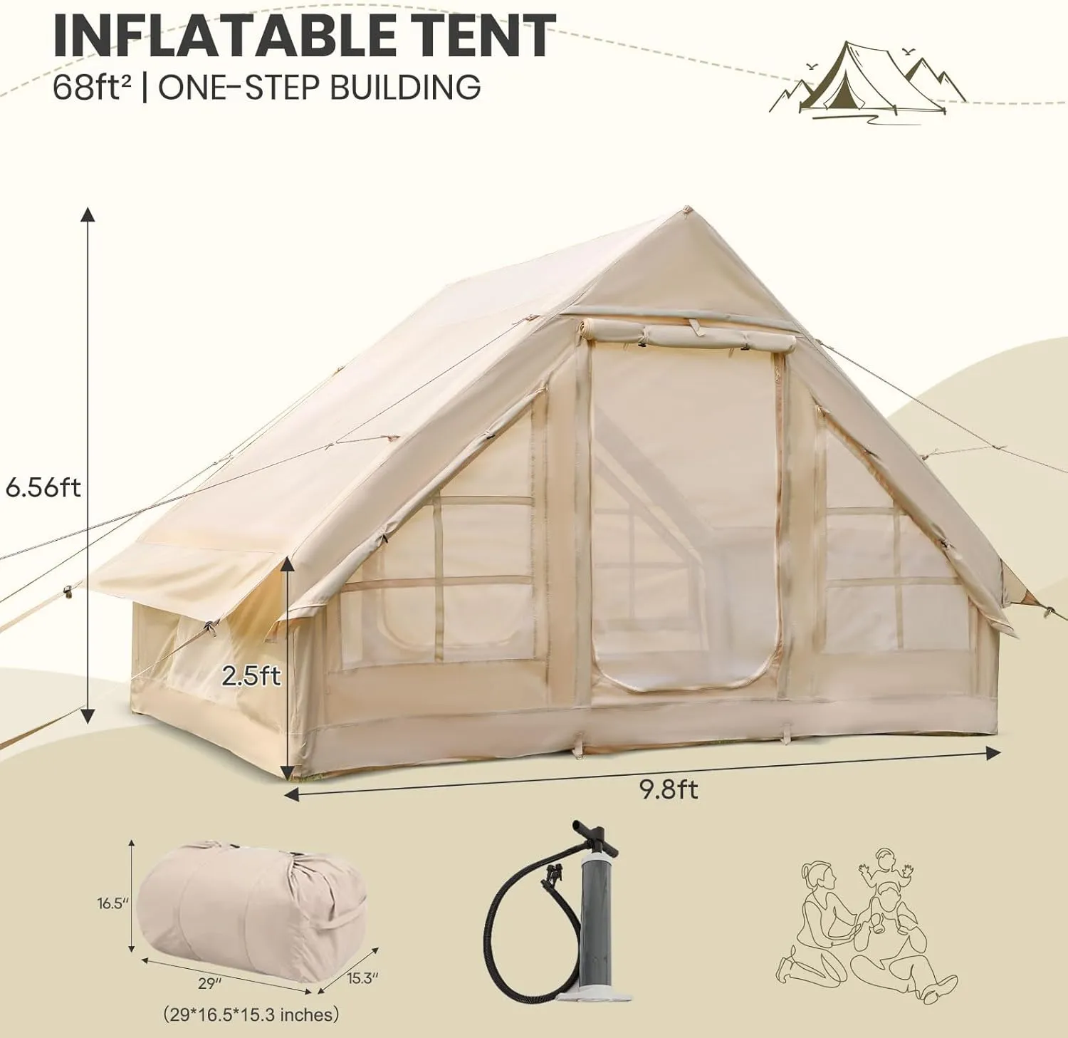 LVUYOYO Inflatable Camping Tent, 4 Season Glamping Tent with Mesh Windows, Waterproof Oxford Family Cabin Tents, Easy Setup Blow Up Tent for Person