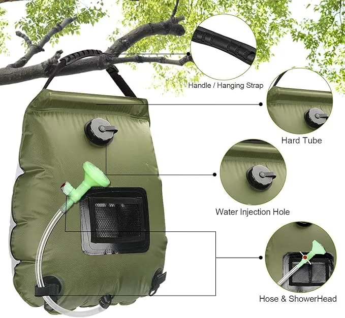 LYOUMEIT Solar Shower Bag 5 Gallon, Portable Shower for Camping, Camping Shower Bag, Solar Heating Shower Bag with Removable Hose and On-Off Switchable Shower Head