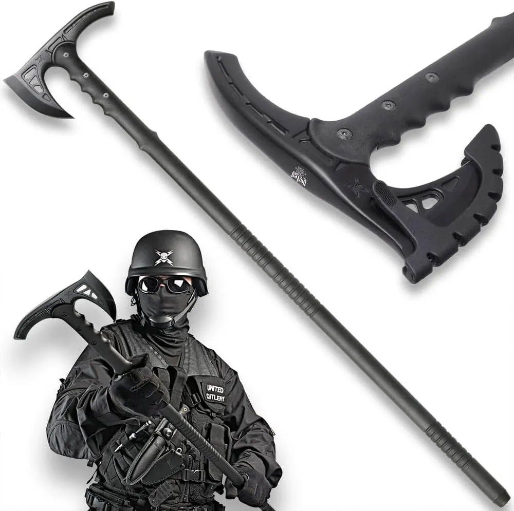 M48 Kommando Survival Axe Hiking Staff | Cast Stainless Steel Blade | Fiberglass Handle | Rubberized Blade Cover | Hiking and Camping | 37” Overall