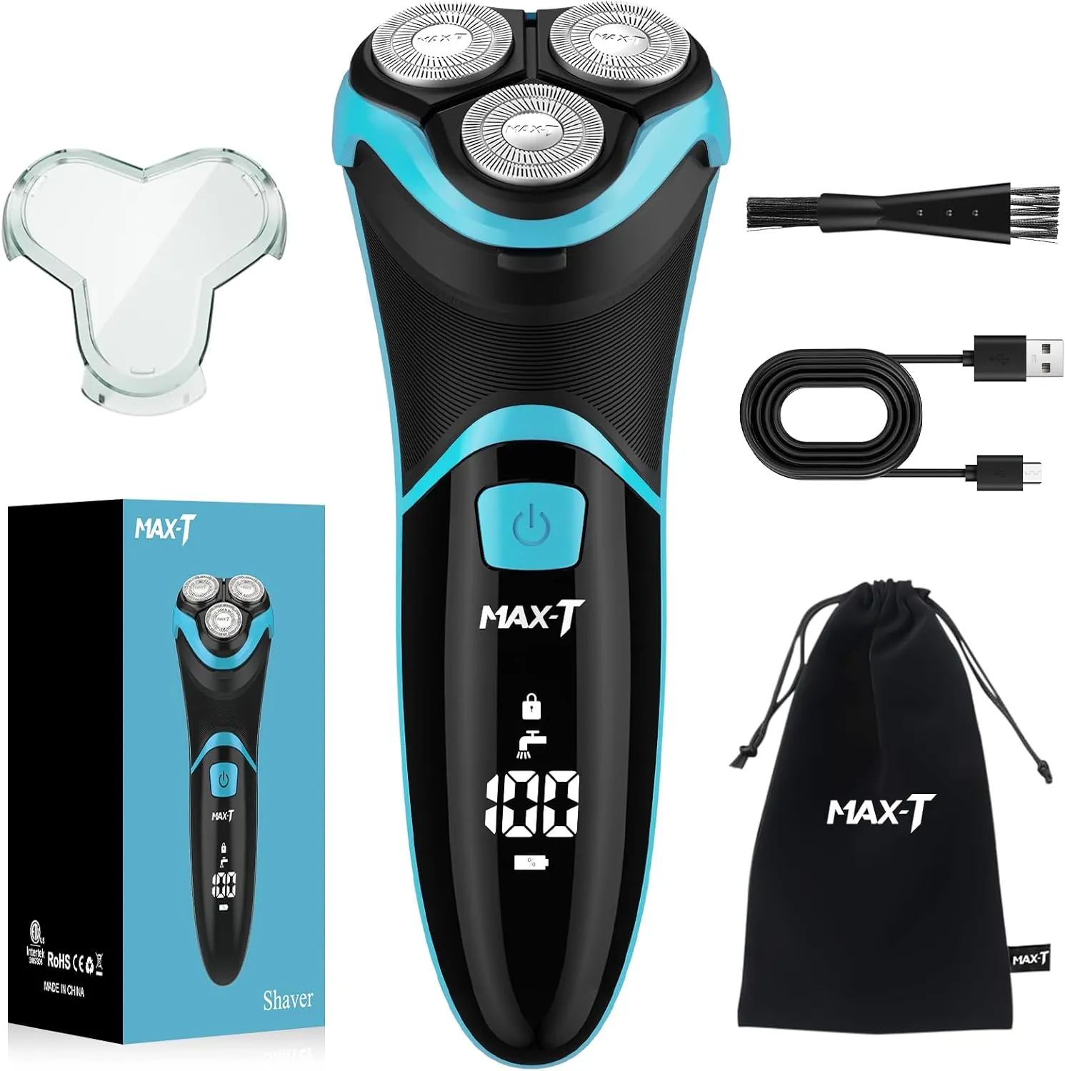 MAX-T Electric Shaver for Men, Cordless Electric Razor with Travel Case, Wet & Dry Use Men's Razor with Pop-Up Trimmer, 3D Rechargeable IPX7 Waterproof Rotary Shaver