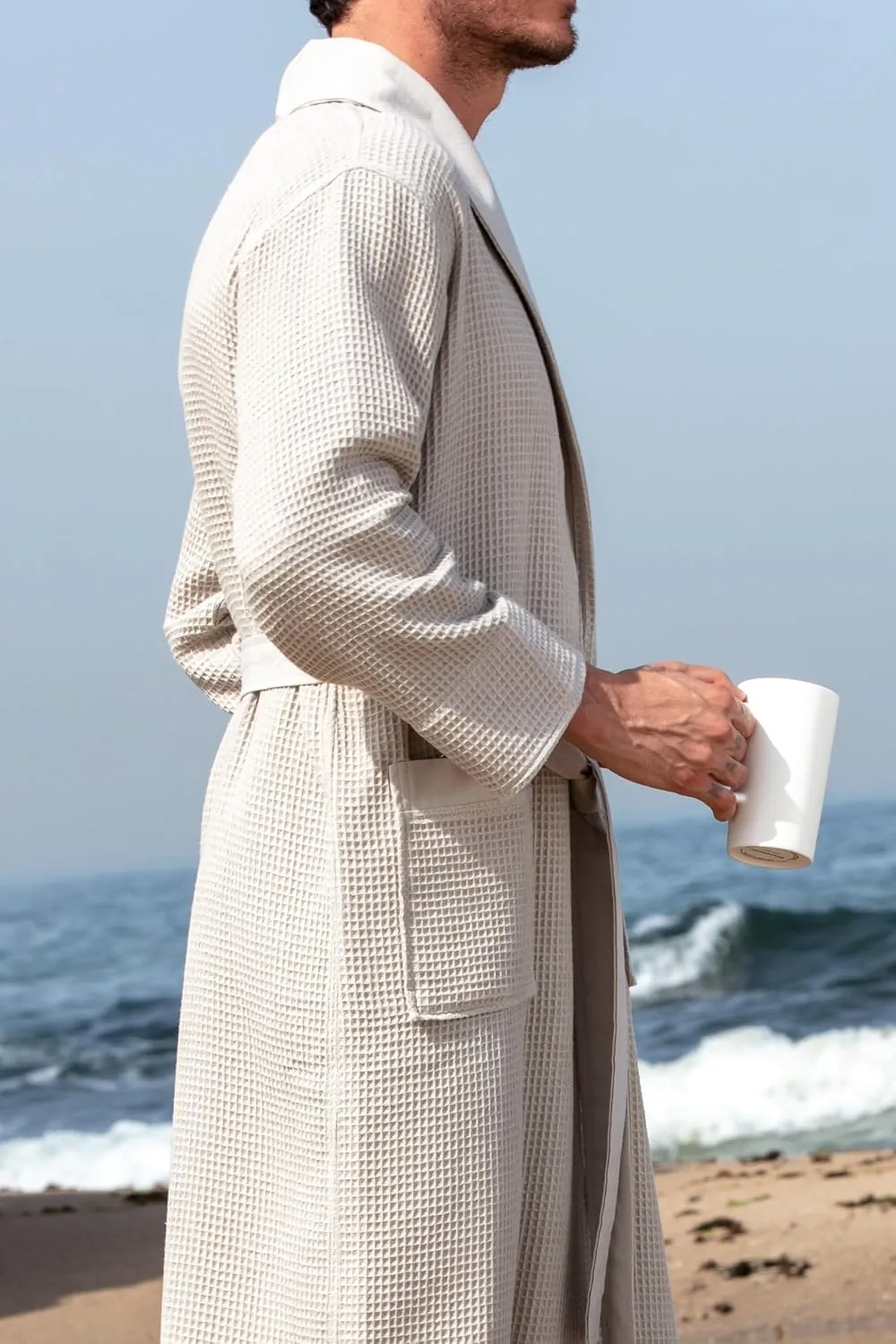 Men’s Waffle Robe w Piping Hooded Lightweight Cotton, Full Length Ultra Soft Spa Sleepwear Bathrobe Waffle Weave Robe