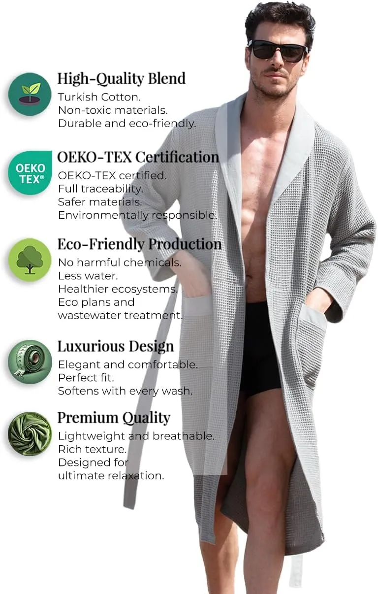 Men’s Waffle Robe w Piping Hooded Lightweight Cotton, Full Length Ultra Soft Spa Sleepwear Bathrobe Waffle Weave Robe