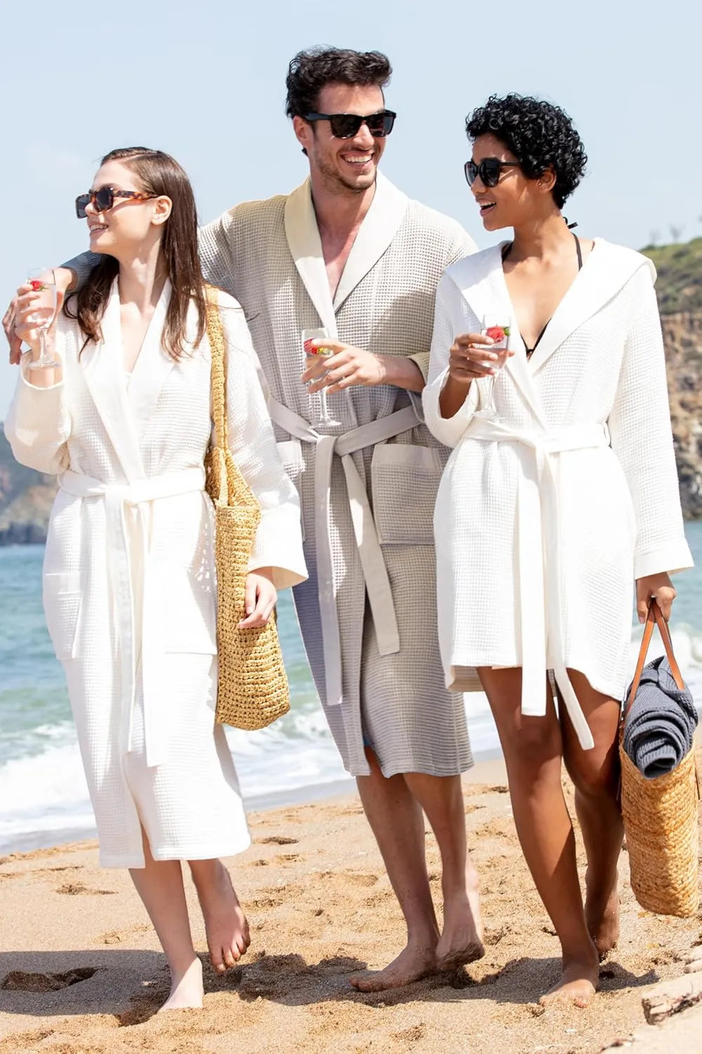 Men’s Waffle Robe w Piping Hooded Lightweight Cotton, Full Length Ultra Soft Spa Sleepwear Bathrobe Waffle Weave Robe