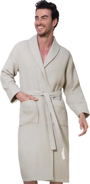 Men’s Waffle Robe w Piping Hooded Lightweight Cotton, Full Length Ultra Soft Spa Sleepwear Bathrobe Waffle Weave Robe