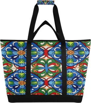 Mexican Talavera Reusable Insulated Cooler Bag with Ice Pack Compartment - Large 47L Waterproof Thermal Grocery Tote for Picnic Beach Camping Lunch Storage
