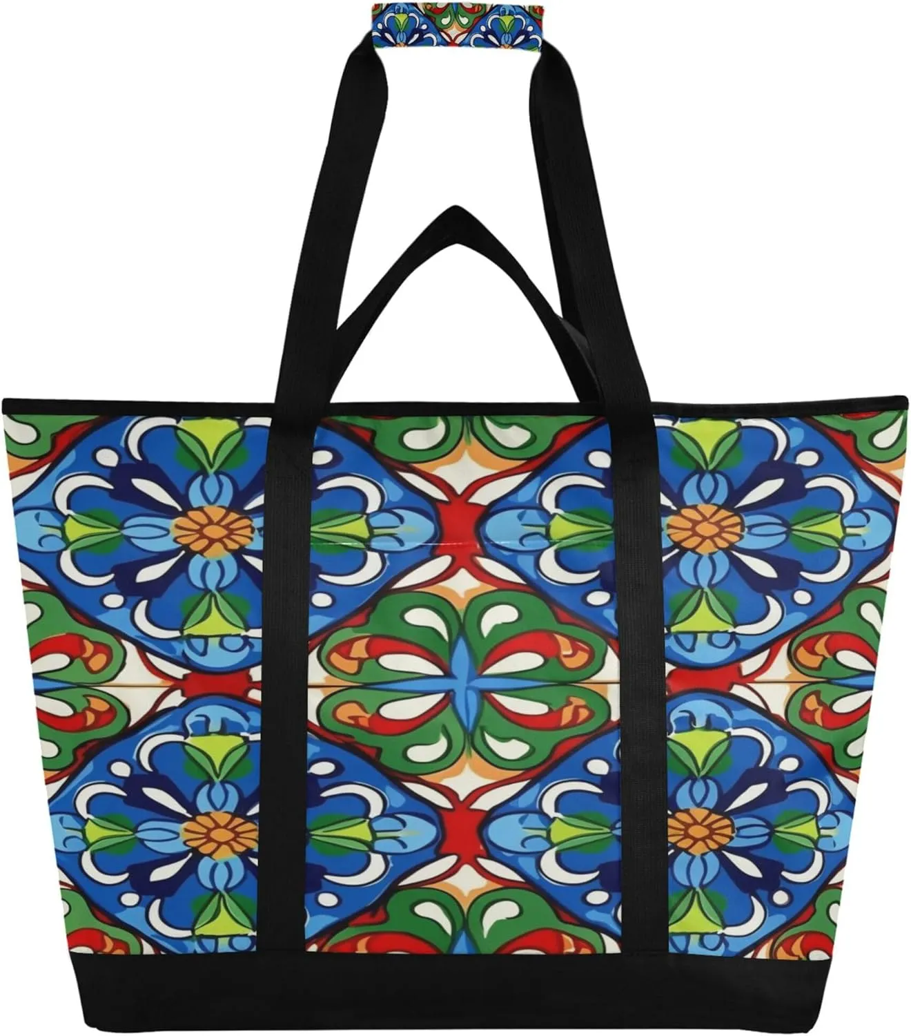Mexican Talavera Reusable Insulated Cooler Bag with Ice Pack Compartment - Large 47L Waterproof Thermal Grocery Tote for Picnic Beach Camping Lunch Storage