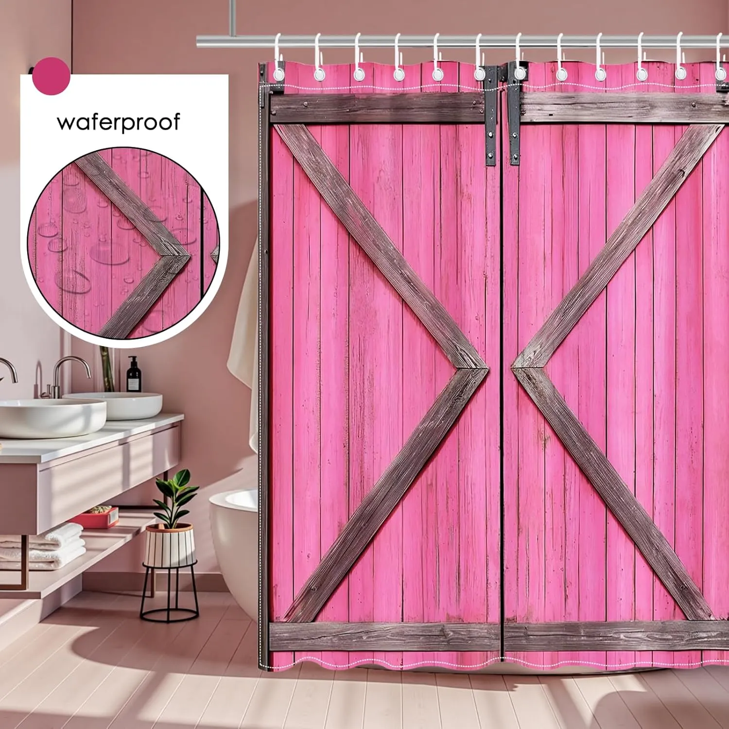Mocsicka Rustic Pink Barn Door Shower Curtain for Bathroom Farmhouse Country Barn Door Bathroom Decor Curtain Waterproof Fabric Bath Curtains with Hooks (Pink, 71x71 inch)