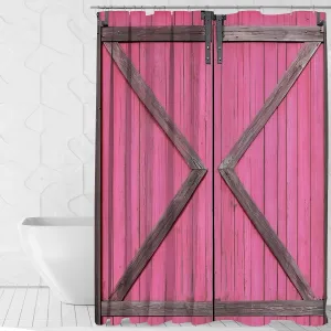 Mocsicka Rustic Pink Barn Door Shower Curtain for Bathroom Farmhouse Country Barn Door Bathroom Decor Curtain Waterproof Fabric Bath Curtains with Hooks (Pink, 71x71 inch)