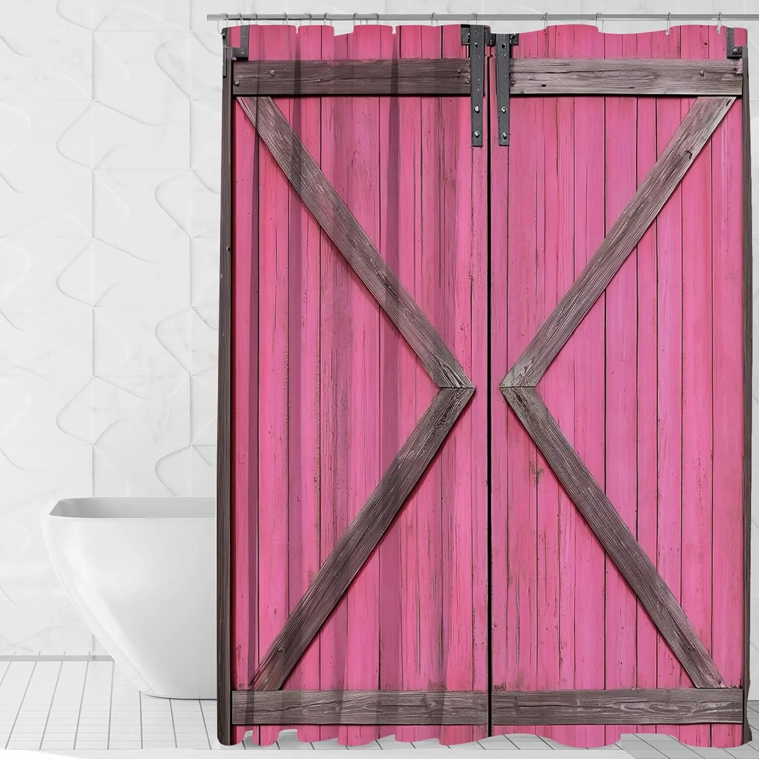Mocsicka Rustic Pink Barn Door Shower Curtain for Bathroom Farmhouse Country Barn Door Bathroom Decor Curtain Waterproof Fabric Bath Curtains with Hooks (Pink, 71x71 inch)
