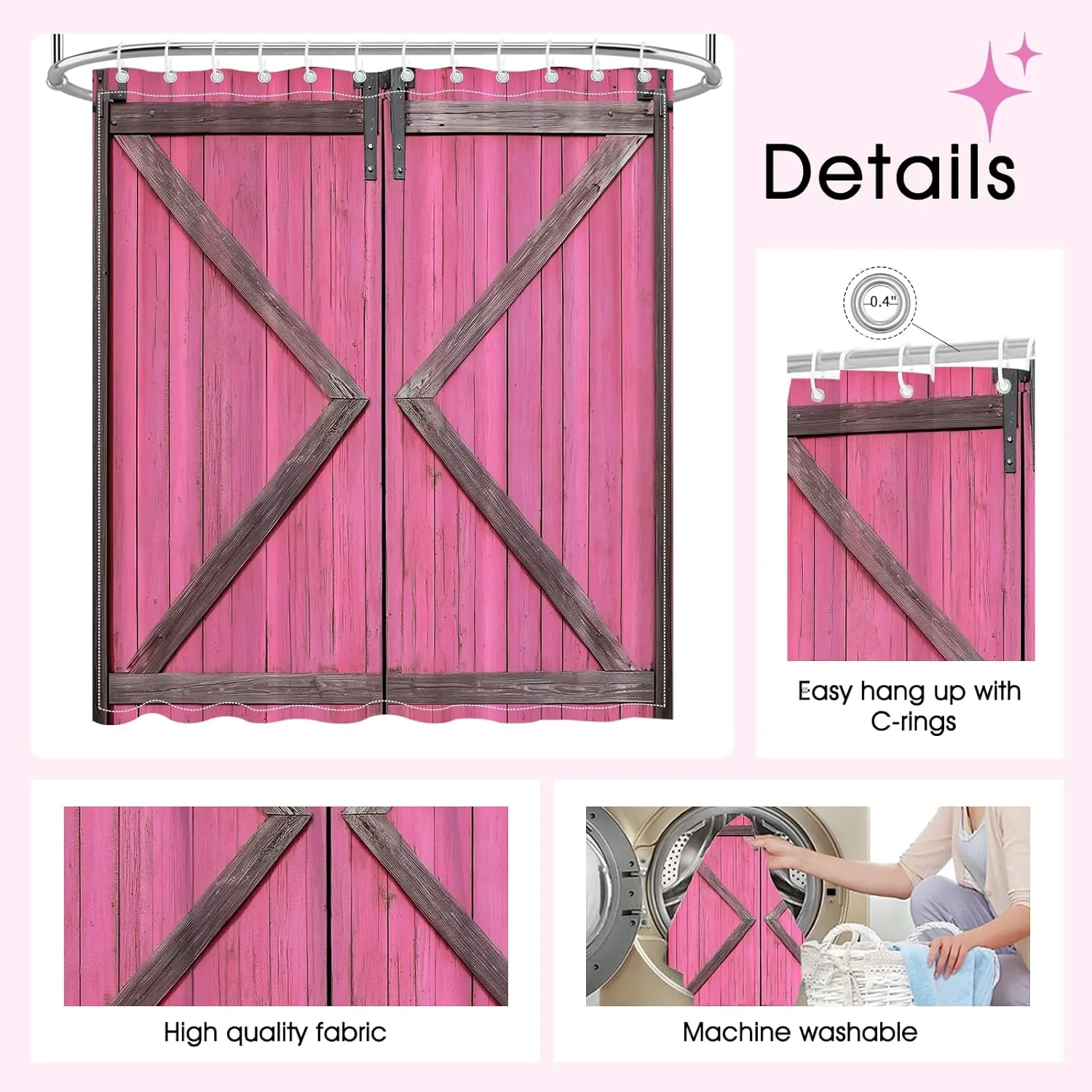 Mocsicka Rustic Pink Barn Door Shower Curtain for Bathroom Farmhouse Country Barn Door Bathroom Decor Curtain Waterproof Fabric Bath Curtains with Hooks (Pink, 71x71 inch)