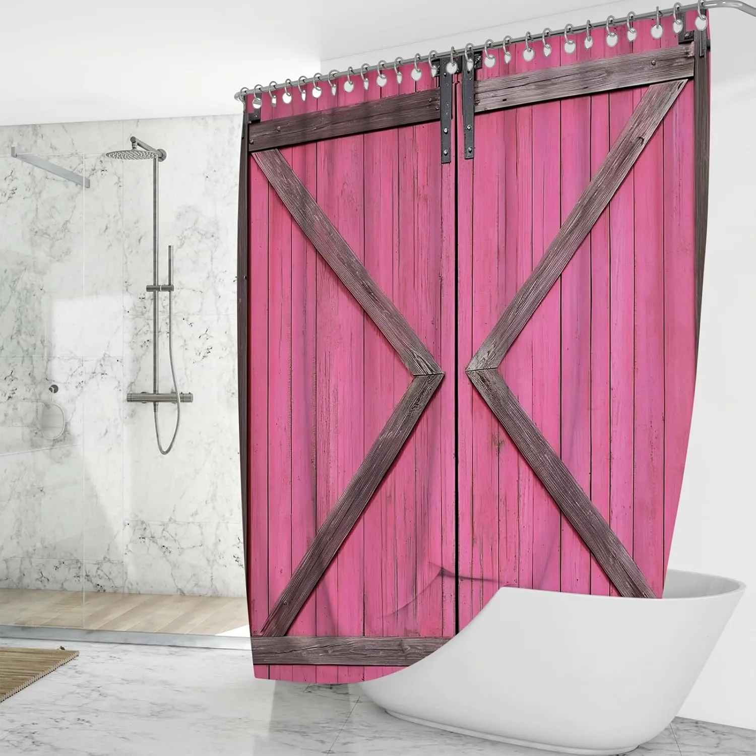 Mocsicka Rustic Pink Barn Door Shower Curtain for Bathroom Farmhouse Country Barn Door Bathroom Decor Curtain Waterproof Fabric Bath Curtains with Hooks (Pink, 71x71 inch)