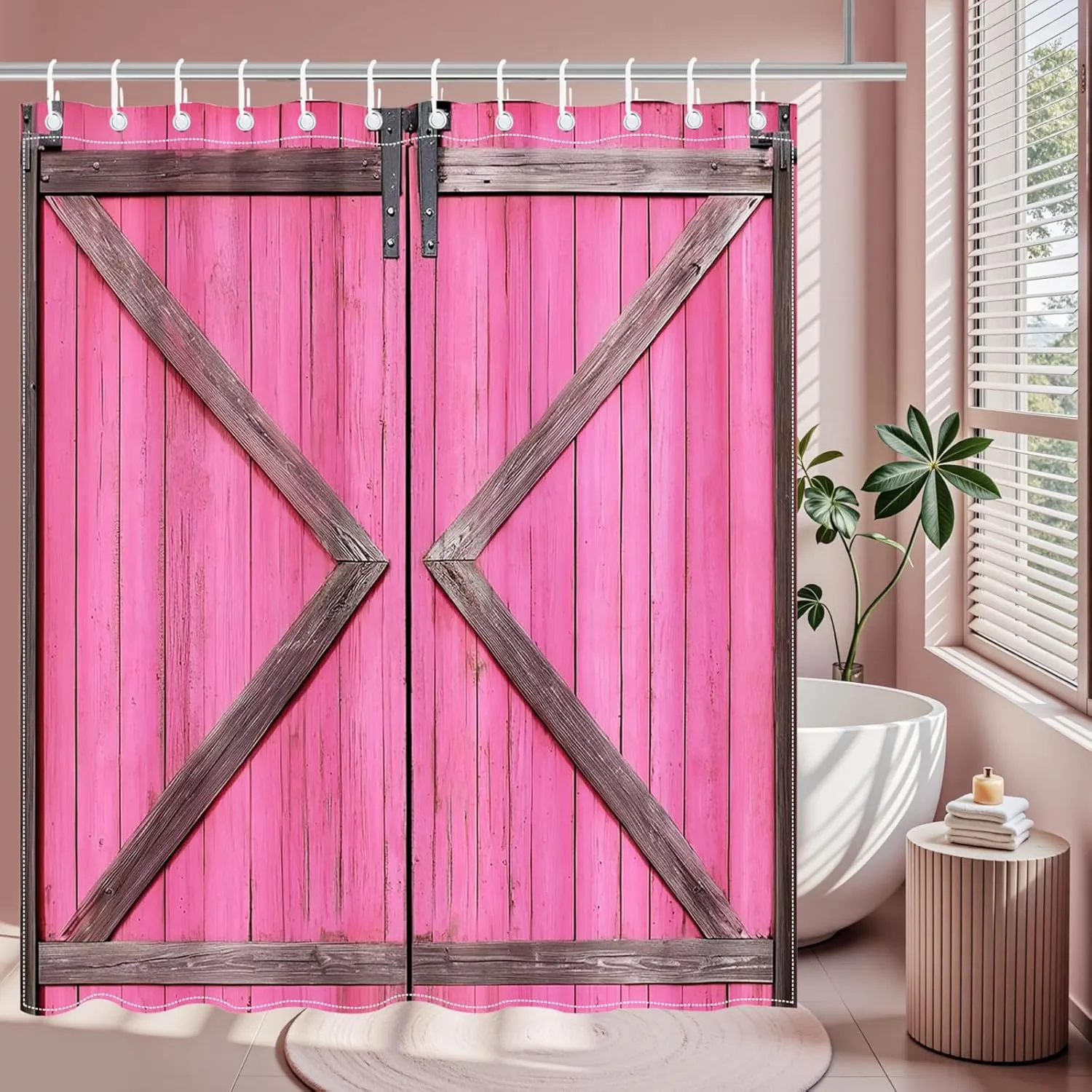 Mocsicka Rustic Pink Barn Door Shower Curtain for Bathroom Farmhouse Country Barn Door Bathroom Decor Curtain Waterproof Fabric Bath Curtains with Hooks (Pink, 71x71 inch)