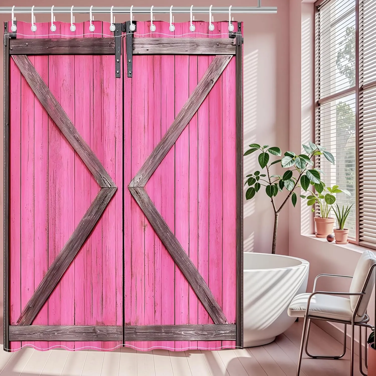 Mocsicka Rustic Pink Barn Door Shower Curtain for Bathroom Farmhouse Country Barn Door Bathroom Decor Curtain Waterproof Fabric Bath Curtains with Hooks (Pink, 71x71 inch)
